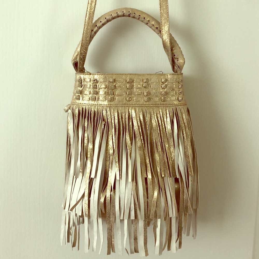 Cleobella Gold Leather Fringe Bucket Bag
